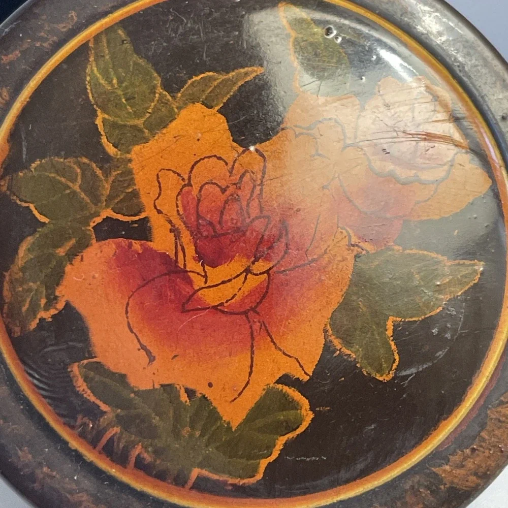 Vintage Round Floral Trinket Box Lacquered Finish Black With Gold Accents 3 1/2